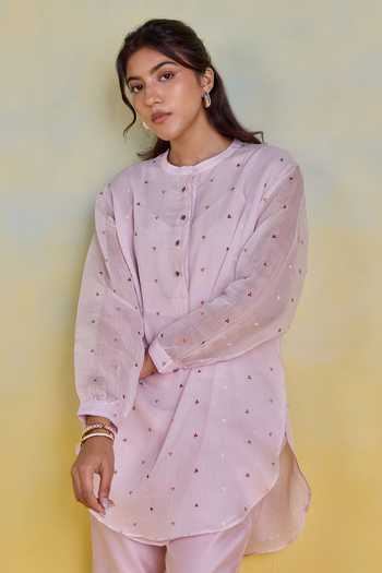 Shop Kapaas Purple Chanderi, Silk Mandarin Collar Lilac Mist Embroidered Shirt And Pant Set Online at Aza Fashions Shop_Kapaas_Purple Chanderi, Silk Mandarin Collar Lilac Mist Embroidered Shirt And Pant Set _Online_at_Aza_Fashions