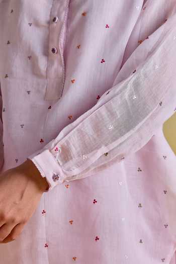 Kapaas Purple Chanderi, Silk Mandarin Collar Lilac Mist Embroidered Shirt And Pant Set at Aza Fashions Kapaas_Purple Chanderi, Silk Mandarin Collar Lilac Mist Embroidered Shirt And Pant Set _at_Aza_Fashions