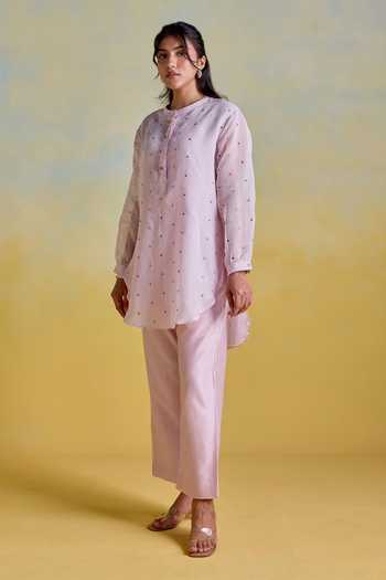 Buy Kapaas Purple Chanderi, Silk Mandarin Collar Lilac Mist Embroidered Shirt And Pant Set Buy_Kapaas_Purple Chanderi, Silk Mandarin Collar Lilac Mist Embroidered Shirt And Pant Set
