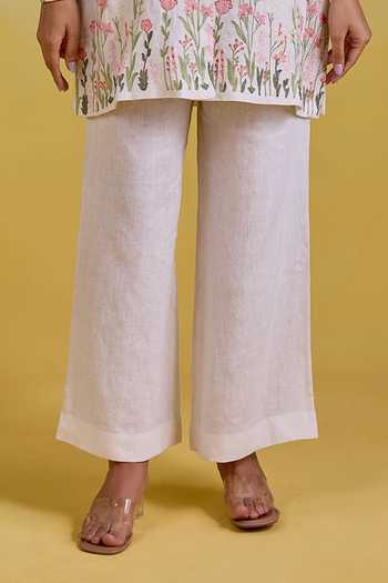 Kapaas Ivory Linen Mandarin Collar, Yes Floral Embroidered Kurta And Pant Set Online at Aza Fashions Kapaas_Ivory Linen Mandarin Collar, Yes Floral Embroidered Kurta And Pant Set _Online_at_Aza_Fashions