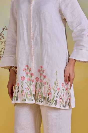 Buy Kapaas Ivory Linen Mandarin Collar, Yes Floral Embroidered Kurta And Pant Set Online at Aza Fashions Buy_Kapaas_Ivory Linen Mandarin Collar, Yes Floral Embroidered Kurta And Pant Set _Online_at_Aza_Fashions