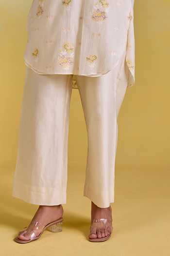 Kapaas Yellow Chanderi, Silk Mandarin Collar Floral Embroidered Shirt And Pant Set Online at Aza Fashions Kapaas_Yellow Chanderi, Silk Mandarin Collar Floral Embroidered Shirt And Pant Set _Online_at_Aza_Fashions