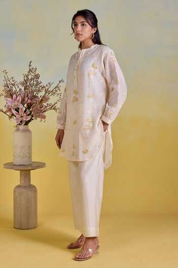 Buy Kapaas Yellow Chanderi, Silk Mandarin Collar Floral Embroidered Shirt And Pant Set Online at Aza Fashions Buy_Kapaas_Yellow Chanderi, Silk Mandarin Collar Floral Embroidered Shirt And Pant Set _Online_at_Aza_Fashions