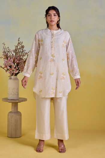 Shop Kapaas Yellow Chanderi, Silk Mandarin Collar Floral Embroidered Shirt And Pant Set Online at Aza Fashions Shop_Kapaas_Yellow Chanderi, Silk Mandarin Collar Floral Embroidered Shirt And Pant Set _Online_at_Aza_Fashions