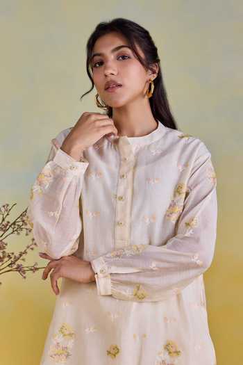 Kapaas Yellow Chanderi, Silk Mandarin Collar Floral Embroidered Shirt And Pant Set at Aza Fashions Kapaas_Yellow Chanderi, Silk Mandarin Collar Floral Embroidered Shirt And Pant Set _at_Aza_Fashions