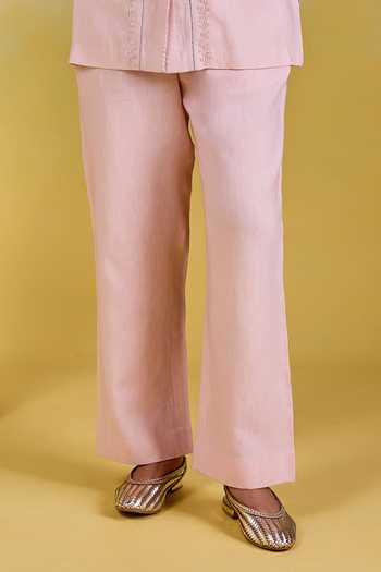 Kapaas Pink Linen Collared Neck Peony Embroidered Shirt And Pant Set Online at Aza Fashions Kapaas_Pink Linen Collared Neck Peony Embroidered Shirt And Pant Set _Online_at_Aza_Fashions