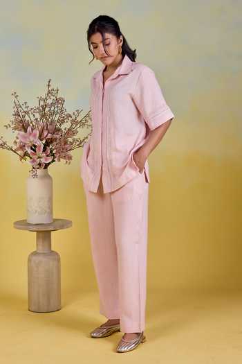 Buy Kapaas Pink Linen Collared Neck Peony Embroidered Shirt And Pant Set Online at Aza Fashions Buy_Kapaas_Pink Linen Collared Neck Peony Embroidered Shirt And Pant Set _Online_at_Aza_Fashions