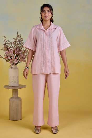 Shop Kapaas Pink Linen Collared Neck Peony Embroidered Shirt And Pant Set Online at Aza Fashions Shop_Kapaas_Pink Linen Collared Neck Peony Embroidered Shirt And Pant Set _Online_at_Aza_Fashions