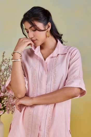 Kapaas Pink Linen Collared Neck Peony Embroidered Shirt And Pant Set at Aza Fashions Kapaas_Pink Linen Collared Neck Peony Embroidered Shirt And Pant Set _at_Aza_Fashions