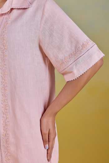 Buy Kapaas Pink Linen Collared Neck Peony Embroidered Shirt And Pant Set Buy_Kapaas_Pink Linen Collared Neck Peony Embroidered Shirt And Pant Set