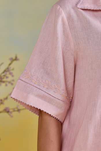 Shop Kapaas Pink Linen Collared Neck Peony Embroidered Shirt And Pant Set Shop_Kapaas_Pink Linen Collared Neck Peony Embroidered Shirt And Pant Set