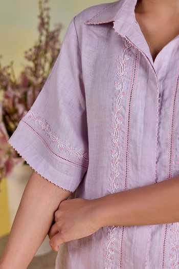 Kapaas Purple Linen Button-down Neck Hand Embroidered Shirt And Pant Set Online at Aza Fashions Kapaas_Purple Linen Button-down Neck Hand Embroidered Shirt And Pant Set _Online_at_Aza_Fashions