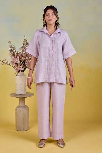 Buy Kapaas Purple Linen Button-down Neck Hand Embroidered Shirt And Pant Set Online at Aza Fashions Buy_Kapaas_Purple Linen Button-down Neck Hand Embroidered Shirt And Pant Set _Online_at_Aza_Fashions