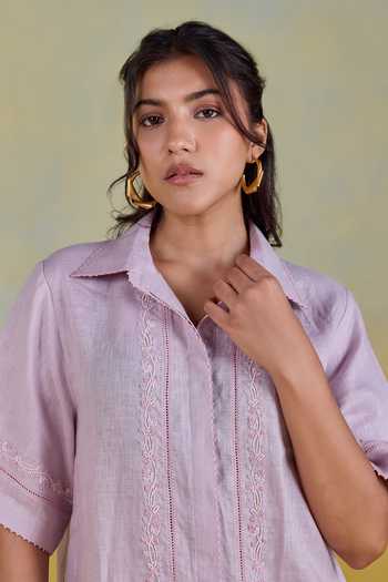Shop Kapaas Purple Linen Button-down Neck Hand Embroidered Shirt And Pant Set Online at Aza Fashions Shop_Kapaas_Purple Linen Button-down Neck Hand Embroidered Shirt And Pant Set _Online_at_Aza_Fashions