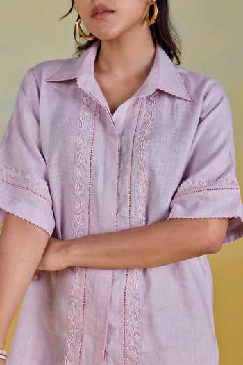 Kapaas Purple Linen Button-down Neck Hand Embroidered Shirt And Pant Set at Aza Fashions Kapaas_Purple Linen Button-down Neck Hand Embroidered Shirt And Pant Set _at_Aza_Fashions
