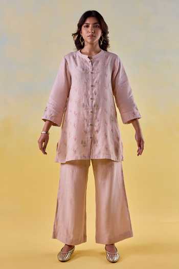 Buy Kapaas Peach Linen Mandarin Collar Blossom Hand-embroidered Shirt And Pant Set Online at Aza Fashions Buy_Kapaas_Peach Linen Mandarin Collar Blossom Hand-embroidered Shirt And Pant Set _Online_at_Aza_Fashions