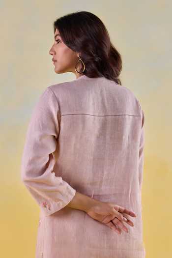 Shop Kapaas Peach Linen Mandarin Collar Blossom Hand-embroidered Shirt And Pant Set Online at Aza Fashions Shop_Kapaas_Peach Linen Mandarin Collar Blossom Hand-embroidered Shirt And Pant Set _Online_at_Aza_Fashions