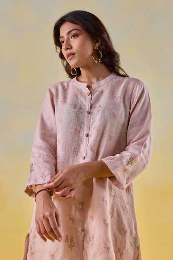 Kapaas Peach Linen Mandarin Collar Blossom Hand-embroidered Shirt And Pant Set at Aza Fashions Kapaas_Peach Linen Mandarin Collar Blossom Hand-embroidered Shirt And Pant Set _at_Aza_Fashions