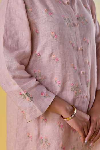 Buy Kapaas Peach Linen Mandarin Collar Blossom Hand-embroidered Shirt And Pant Set Buy_Kapaas_Peach Linen Mandarin Collar Blossom Hand-embroidered Shirt And Pant Set