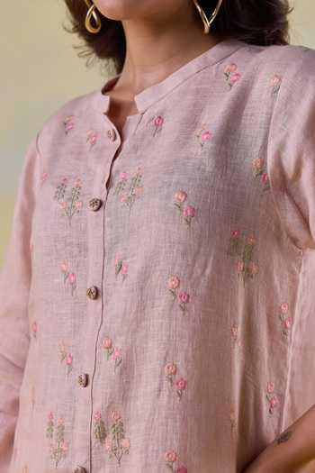 Shop Kapaas Peach Linen Mandarin Collar Blossom Hand-embroidered Shirt And Pant Set Shop_Kapaas_Peach Linen Mandarin Collar Blossom Hand-embroidered Shirt And Pant Set