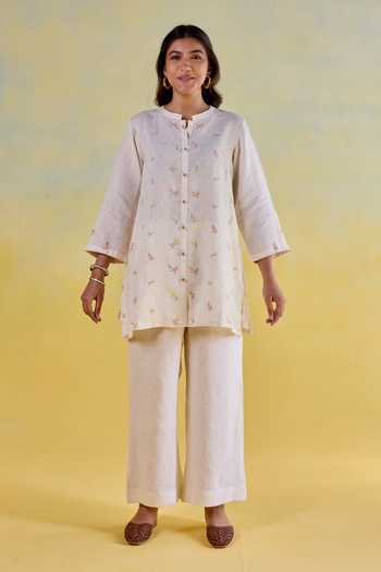 Buy Kapaas Off White Linen Mandarin Collar Hand Embroidered Shirt And Pant Set Online at Aza Fashions Buy_Kapaas_Off White Linen Mandarin Collar Hand Embroidered Shirt And Pant Set _Online_at_Aza_Fashions