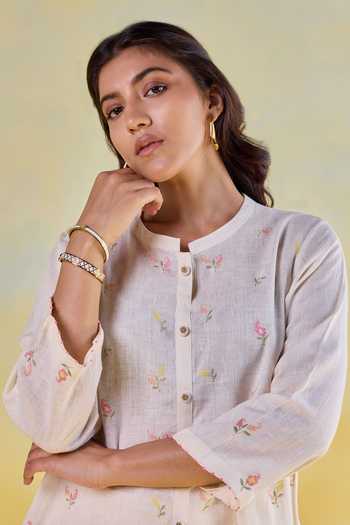 Shop Kapaas Off White Linen Mandarin Collar Hand Embroidered Shirt And Pant Set Online at Aza Fashions Shop_Kapaas_Off White Linen Mandarin Collar Hand Embroidered Shirt And Pant Set _Online_at_Aza_Fashions