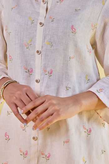 Buy Kapaas Off White Linen Mandarin Collar Hand Embroidered Shirt And Pant Set Buy_Kapaas_Off White Linen Mandarin Collar Hand Embroidered Shirt And Pant Set