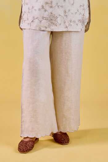 Kapaas Beige Linen Split V-neck Oat Bloom Embroidered Kurta And Pant Set Online at Aza Fashions Kapaas_Beige Linen Split V-neck Oat Bloom Embroidered Kurta And Pant Set _Online_at_Aza_Fashions