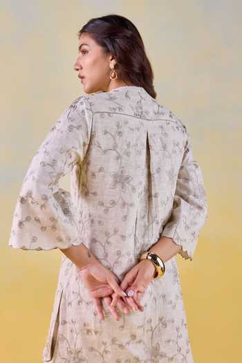 Buy Kapaas Beige Linen Split V-neck Oat Bloom Embroidered Kurta And Pant Set Buy_Kapaas_Beige Linen Split V-neck Oat Bloom Embroidered Kurta And Pant Set
