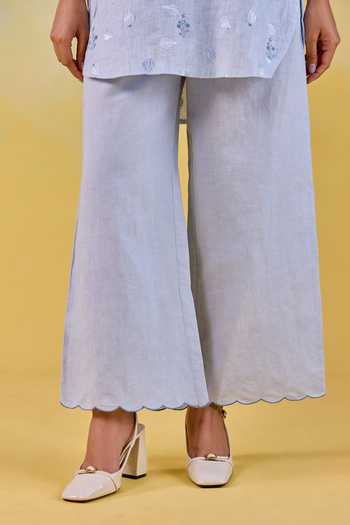 Buy Kapaas Sky Blue Linen Split V-neck, Yes Bloom Embroidered Kurta And Pant Set Online at Aza Fashions Buy_Kapaas_Sky Blue Linen Split V-neck, Yes Bloom Embroidered Kurta And Pant Set _Online_at_Aza_Fashions