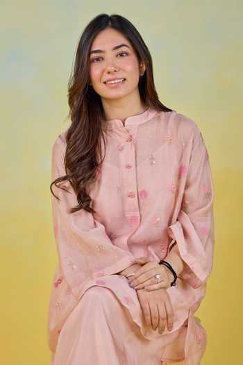 Kapaas Peach Chanderi, Silk Mandarin Collar Sweet Embroidered Shirt And Pant Set Online at Aza Fashions Kapaas_Peach Chanderi, Silk Mandarin Collar Sweet Embroidered Shirt And Pant Set _Online_at_Aza_Fashions