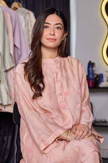 Shop Kapaas Peach Chanderi, Silk Mandarin Collar Sweet Embroidered Shirt And Pant Set Online at Aza Fashions Shop_Kapaas_Peach Chanderi, Silk Mandarin Collar Sweet Embroidered Shirt And Pant Set _Online_at_Aza_Fashions