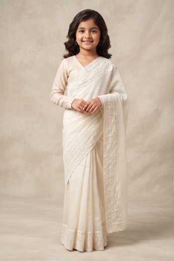 Vinusto Pristine Chanderi Embroidered Saree With Blouse For Kids