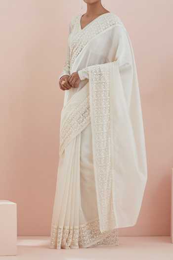 Buy Vinusto Off White Chanderi, Textured Cotton Pristine Embroidered Saree With Blouse For Kids Online at Aza Fashions Buy_Vinusto_Off White Chanderi, Textured Cotton Pristine Embroidered Saree With Blouse For Kids_Online_at_Aza_Fashions
