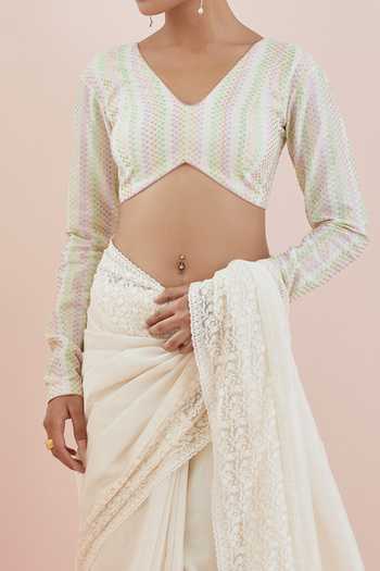 Shop Vinusto Off White Chanderi, Textured Cotton Pristine Embroidered Saree With Blouse For Kids Online at Aza Fashions Shop_Vinusto_Off White Chanderi, Textured Cotton Pristine Embroidered Saree With Blouse For Kids_Online_at_Aza_Fashions
