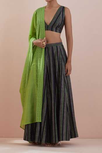 Shop_Vinusto_Black Cotton, Chanderi Floral, Lace Textured Embroidered Lehenga Set For Kids_Online_at_Aza_Fashions