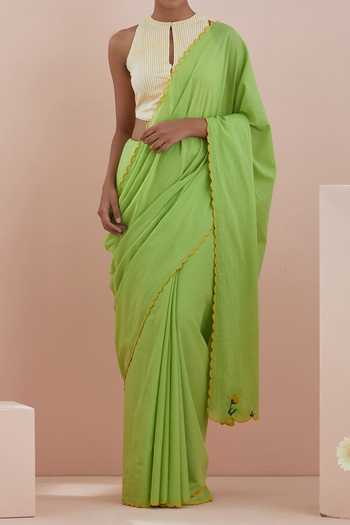 Vinusto Green Cotton Floral, Lace, Thread, Stripe Embroidered Scallop Saree With Blouse For Kids Online at Aza Fashions Vinusto_Green Cotton Floral, Lace, Thread, Stripe Embroidered Scallop Saree With Blouse For Kids_Online_at_Aza_Fashions