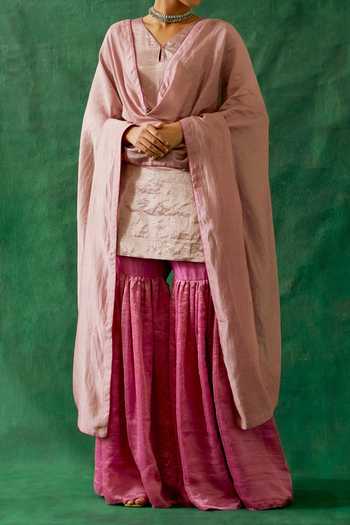 Vinusto_Silver Chanderi, Handwoven Zari Silk Kurta Gharara Set For Kids_Online_at_Aza_Fashions
