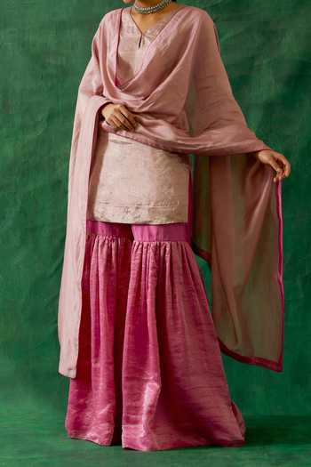 Shop_Vinusto_Silver Chanderi, Handwoven Zari Silk Kurta Gharara Set For Kids_Online_at_Aza_Fashions