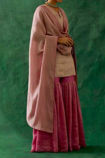 Vinusto_Silver Chanderi, Handwoven Zari Silk Kurta Gharara Set For Kids_at_Aza_Fashions