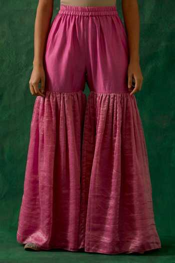 Buy_Vinusto_Silver Chanderi, Handwoven Zari Silk Kurta Gharara Set For Kids