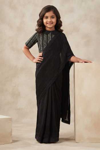 Vinusto Handwoven Chanderi Pintucks Saree With Blouse For Kids
