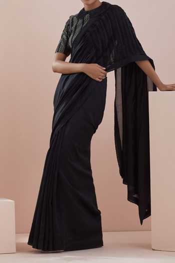 Vinusto_Black Chanderi, Textured Cotton Handwoven Pintucks Saree With Blouse For Kids_Online_at_Aza_Fashions