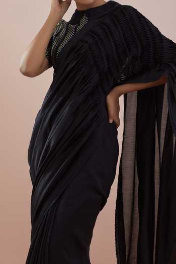 Buy_Vinusto_Black Chanderi, Textured Cotton Handwoven Pintucks Saree With Blouse For Kids_Online_at_Aza_Fashions