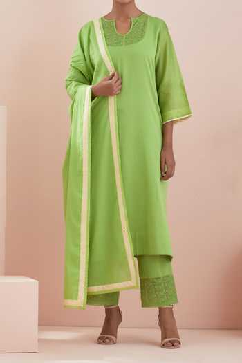 Vinusto_Green , Glaze Thread Embroidered Kurta Pant Set For Kids_Online_at_Aza_Fashions