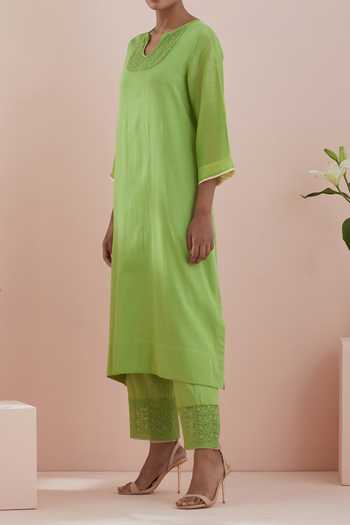 Buy_Vinusto_Green , Glaze Thread Embroidered Kurta Pant Set For Kids_Online_at_Aza_Fashions