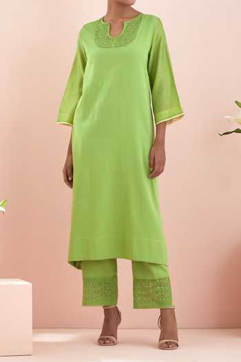 Shop_Vinusto_Green , Glaze Thread Embroidered Kurta Pant Set For Kids_Online_at_Aza_Fashions