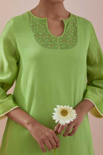 Vinusto_Green , Glaze Thread Embroidered Kurta Pant Set For Kids_at_Aza_Fashions