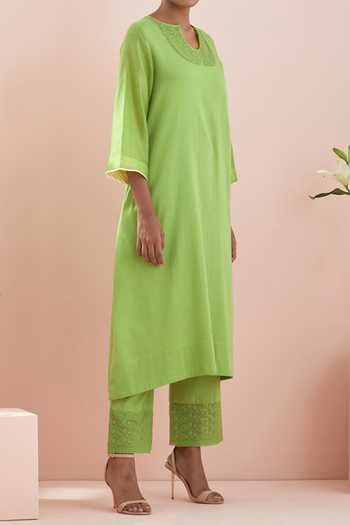 Shop_Vinusto_Green , Glaze Thread Embroidered Kurta Pant Set For Kids