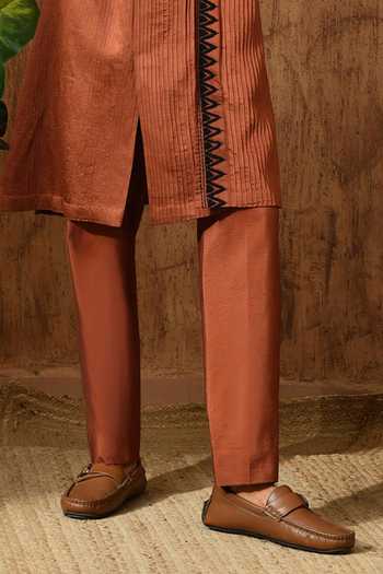 Buy_Sulakshna Jasra_Brown Satin, Linen Threadwork Kurta And Pyjama Set 